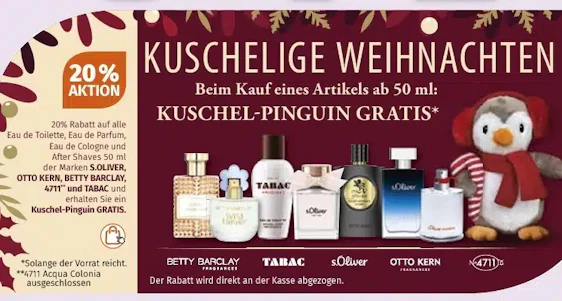 Müller: Kuschelige Weihnachten - Kaufe einen teilnehmenden Artikel (50 ml) und erhalte einen Kuschel-Pinguin gratis
