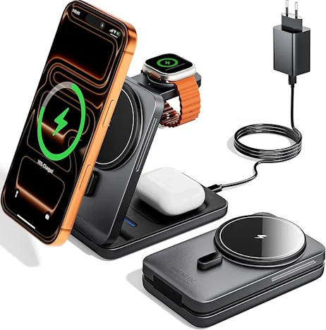 KPON Ladestation für Apple Watch und iPhone, 3 in 1 Faltbares Magsafe Ladegerät Schnellladung Kompatibel mit iPhone, Apple Watch,inkl. 20W Adapter