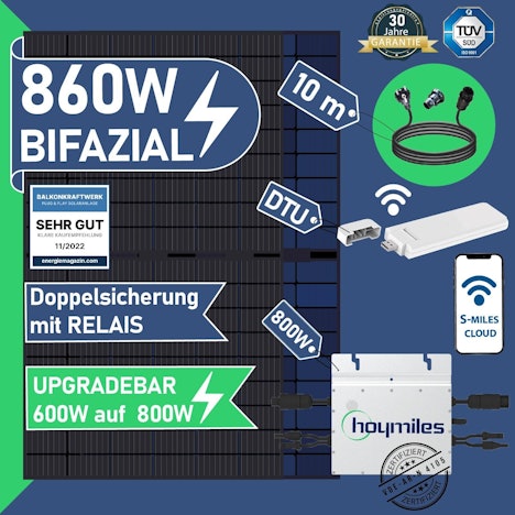 860W/600W Balkonkraftwerk für 469€ - 2x 430W bifaziale Solarmodule, Hoymiles HM-800 Wechselrichter & 10m-Schukostecker