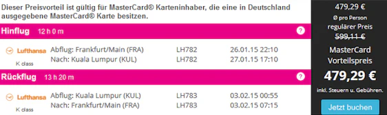 Nur noch bis Mitternacht: Flug mit deutscher MasterCard buchen und 20% bzw 30% sparen - z.B. Frankfurt - Kuala Lumpur im Direktflug für 480€