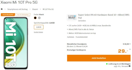 Xiaomi Mi 10T Pro 5G (128GB) im Super Select M Tarif für 25€/Monat - LTE (+ 4GB), Allnet/SMS-Flat, kein EU-Roaming
