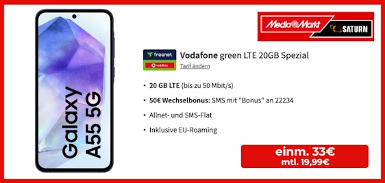 50€ Wechselbonus! 🔥 Samsung Galaxy A55 mit Vodafone Allnet 20GB für 19,99€/Monat