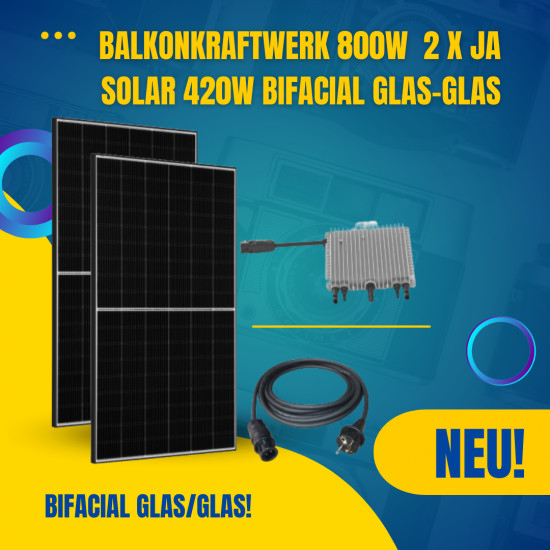 Wieder da! Balkonkraftwerk 800W mit 2x 425W JA-Solar Bifacial Glas-Glas Modulen ab 299€