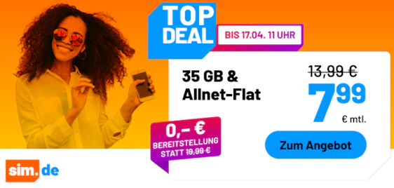 0€ Anschlussgebühr 👀 sim.de Allnet-Flats » z.B. 35GB für 7,99€ mtl. 🤩