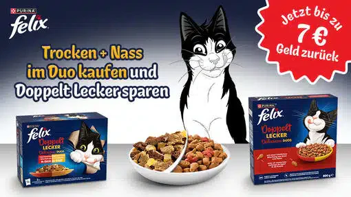 FELIX Doppelt Lecker Spar Aktion – Bis zu 7 Euro Cashback auf Katzenfutter sichern - ab 22.06.2026