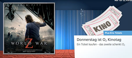 o2 Kinotag - 2 Tickets zum Preis von einem - World War Z zu zweit zum halben Preis gucken