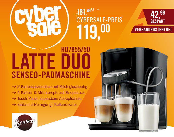 Philips Senseo Latte Duo 7855 für 119€ - Kaffeepadmaschine für 2 Getränke mit Milchaufschäumer