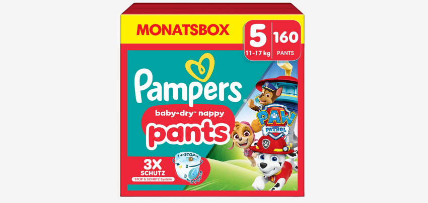 160 x Pampers Paw Patrol für 46€ - Größe 5 (11-17kg), 360° Passform, Stop &amp; Schutz Täschchen