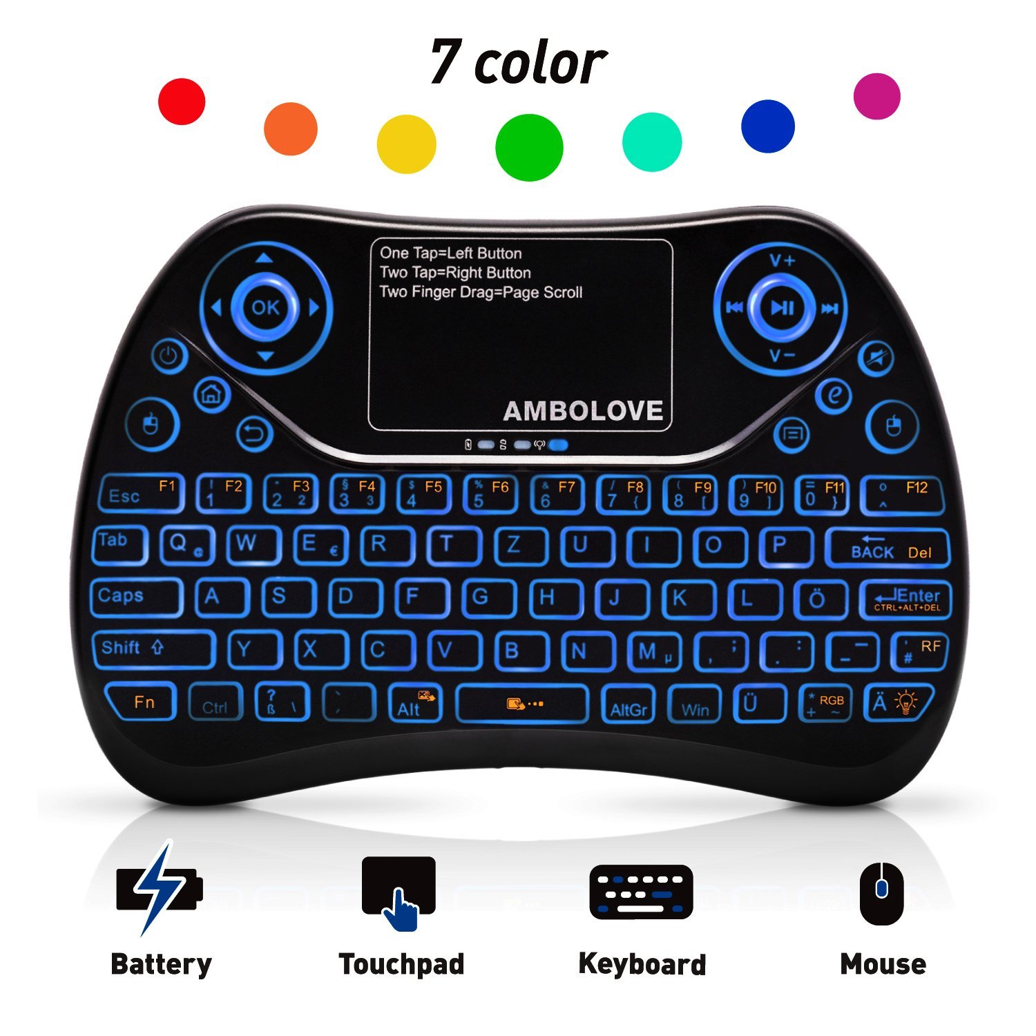 AMBOLOVE Wireless RGB Mini Tastatur mit Touchpad und Multimedia Tasten für 9,99€