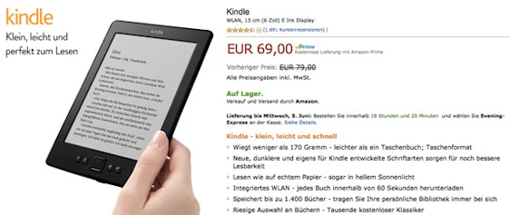 Amazon Kindle e-Book Reader für 69€ – 6″ Display mit WLAN