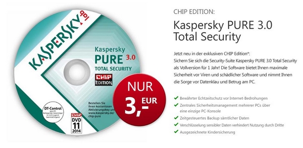 Kaspersky PURE 3.0 Total Security für 3€ - CHIP Edition 