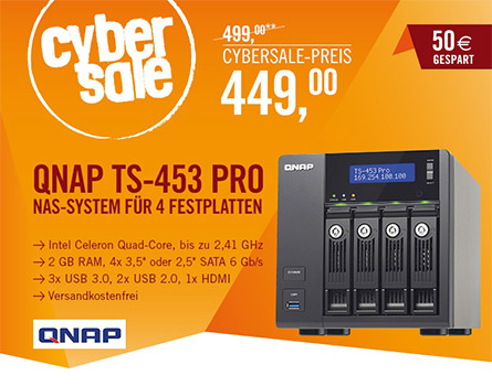 QNAP TS-453 Pro NAS-System (Leergehäuse) für 449€ - CPU: 4x 2.00GHz, RAM: 2GB DDR3L, 4x Gb LAN, 3x USB 3.0, 1x HDMI