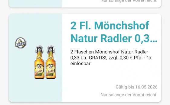 Gratis 2 Flaschen Mönchshof Natur Radler in der Logo App