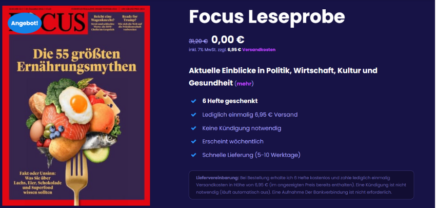 Selbstkündigend! Focus: 6 Ausgaben GRATIS testen - einm. nur 7,95€ Versand