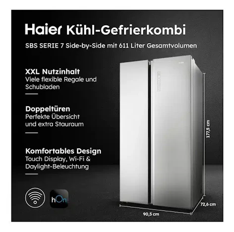 Haier Side-by-Side Kühl-/Gefrierkombi HSW79F18ANMM (391 L Kühlen / 220 L Gefrieren / EEK: A) für 1338,95€ statt 1608,90€