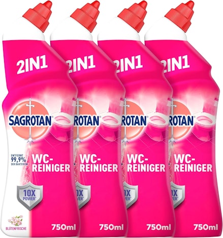 Sagrotan WC-Reiniger Blütenfrische für 8€ - 2in1 Reinigungsmittel mit Antischmutzfilm für langanhaltende WC-Frische, 4 x 750ml
