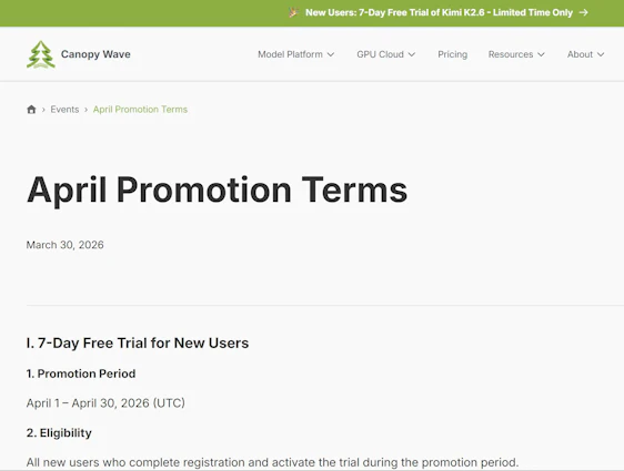 Gratis testen: Canopy Wave mit Kimi K2.6 für Coding, Texte und API-Workflow