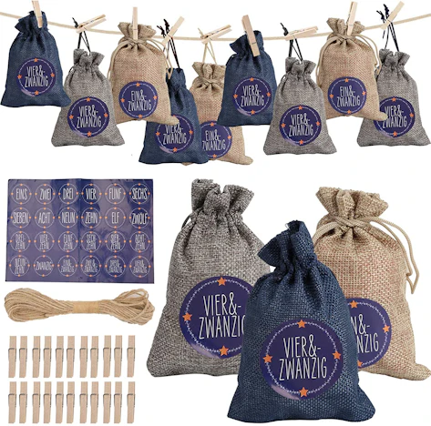 Hengda 24 Stoffbeutel für Geschenk-Verpackung, 2020 Weihnachten Geschenksäckchen Deko Kette, 24 Zahlen Buttons von DIY
