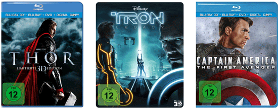 3D-Blu-rays - Thor für 15€, Captain America für 15€ und Tron für 13,49€