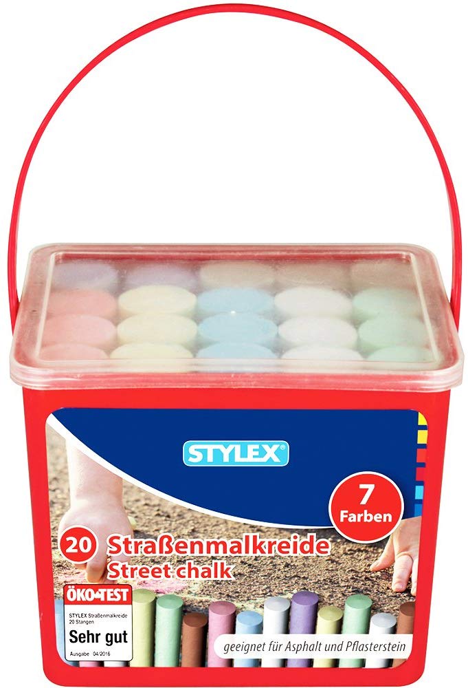 2X Stylex 48104 Straßenkreide, 20 Stück in 7 Farben im praktischen Plastikeimer, Mehrfarbig