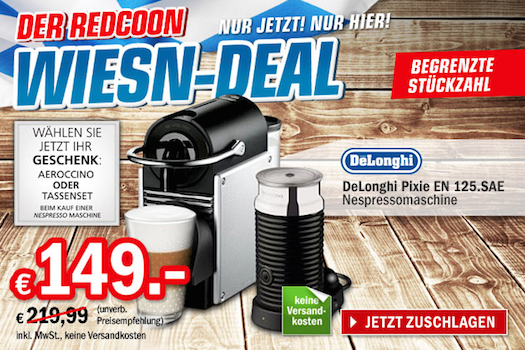 DeLonghi Pixie EN 125.SAE + Aeroccino-Milchschäumer für 149€ bei redcoon