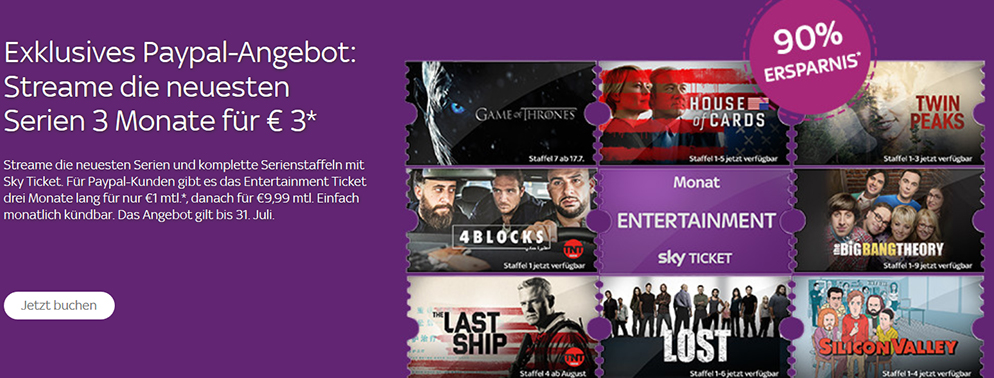 3 Sky Entertainment Monatstickets für 3€ - inkl. der neuen Staffel Game of Thrones