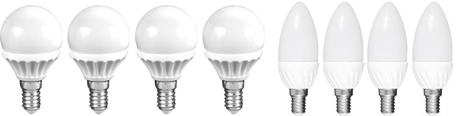 4x Müller LED-Leuchtmittel mit 3 Watt, warmweiß, E14 in Tropfen- oder Kerzenform für 9,99€