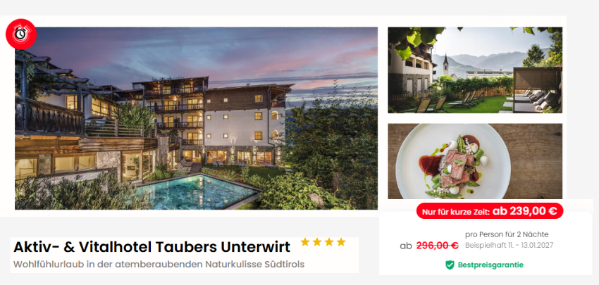 Auszeit in Südtirol! 🏔️ Aktiv- &amp; Vitalhotel Taubers Unterwirt inkl. Verwöhnpension &amp; Spa ab 239€