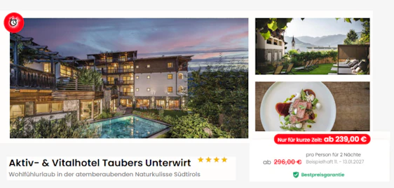 Auszeit in Südtirol! 🏔️ Aktiv- & Vitalhotel Taubers Unterwirt inkl. Verwöhnpension & Spa ab 239€