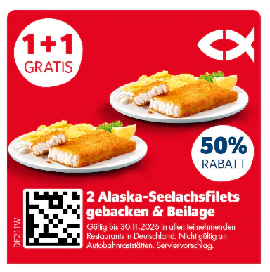Nordsee Coupons 2 für 1 Alaska-Seelachsfilet
