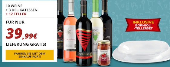 Giordano Weinpaket für 40€ – mit 10 Rot- & Weißweinen + 3 ital. Delikatessen + 12 Teller