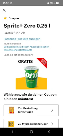 Mc Donalds Gratis Sprite Zero 0,25l