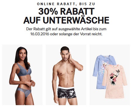Bis zu 30% Rabatt auf ausgewählte Unterwäsche bei H&M + kostenloser Versand