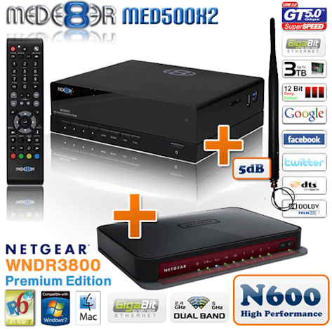Mede8er Mediaplayer MED500X2 + Netgear Router N600 + Wlan Dongle für 206€