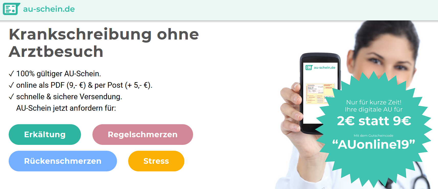 Online-Krankschreibung für 2€ – Arbeitsunfähigkeitsbescheinigung bei AU-Schein.de
