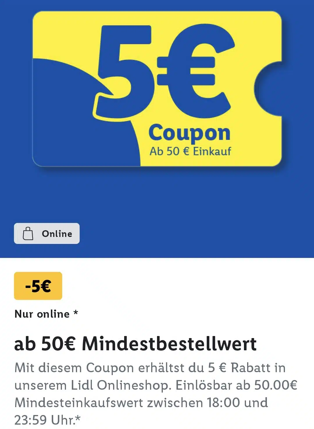 Lidl online: 5 € sparen (MEW 50 €)
