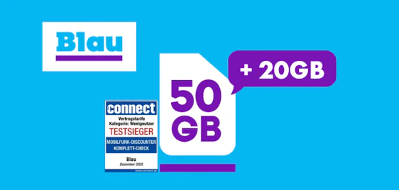 20GB mtl. GESCHENKT + 0€ Anschlussgebühr 📲 Blau Allnet M mit 70GB 5G für 9,99€ mtl.