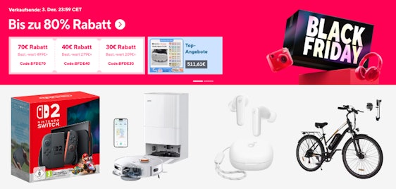 AliExpress Black Friday Sale - Bis zu 113€ extra sparen | z.B. Nintendo Switch 2 mit Mario Kart World für 357€