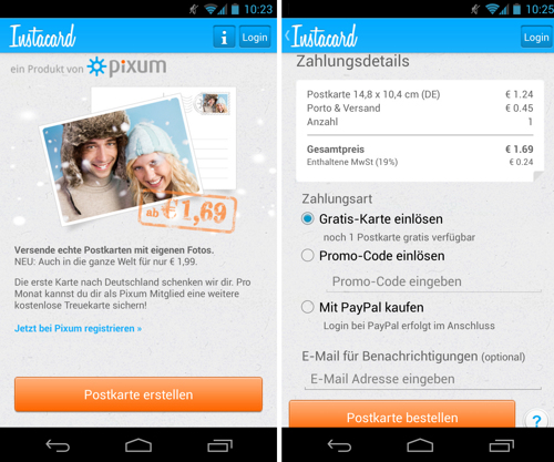 Kostenlose Postkarte verschicken mit Pixum Instacard App