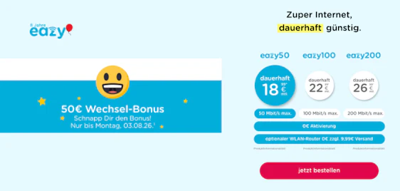 Mit 50€ Amazon-Gutschein 🎁🌐 Eazy Internet ab effektiv 16,91€ mtl.