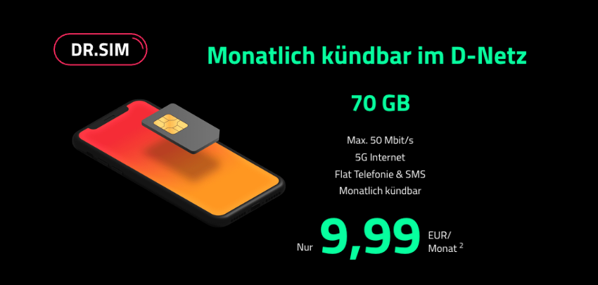 Monatlich kündbar 🙌 Dr. SIM: 70GB Vodafone Allnet-Flat für 9,99€/Monat