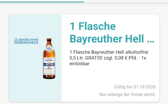 Gratis 1 Flasche Bayreuther hell alkoholfrei in der Logo App
