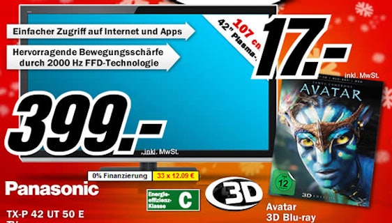 Panasonic 3D Plasma TV Fernseher 42 Zoll für 399€ und Avatar 3D Blu-ray für 17€ bei Media Markt