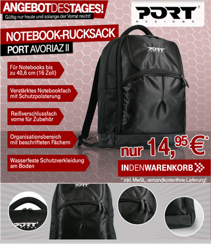 PORT Avoriaz II Notebookrucksack bis 40,6cm (16") mit Organizerbereich für nur 14,95€ mit kostenloser Lieferung