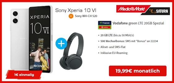 50€ Wechselbonus 👉 Sony Xperia 10 VI & WH-CH 520 Headphones für einmalig 1€ im 20GB Vodafone-Tarif für 19,99€/Monat