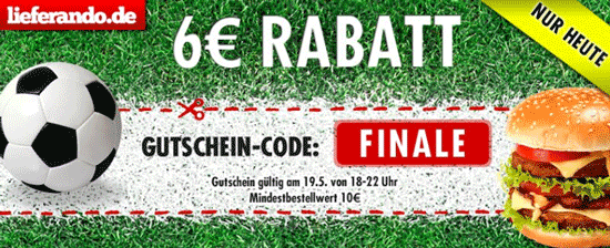 6€ lieferando Gutschein (Mindestbestellwert: 10€) heute von 18-22 Uhr