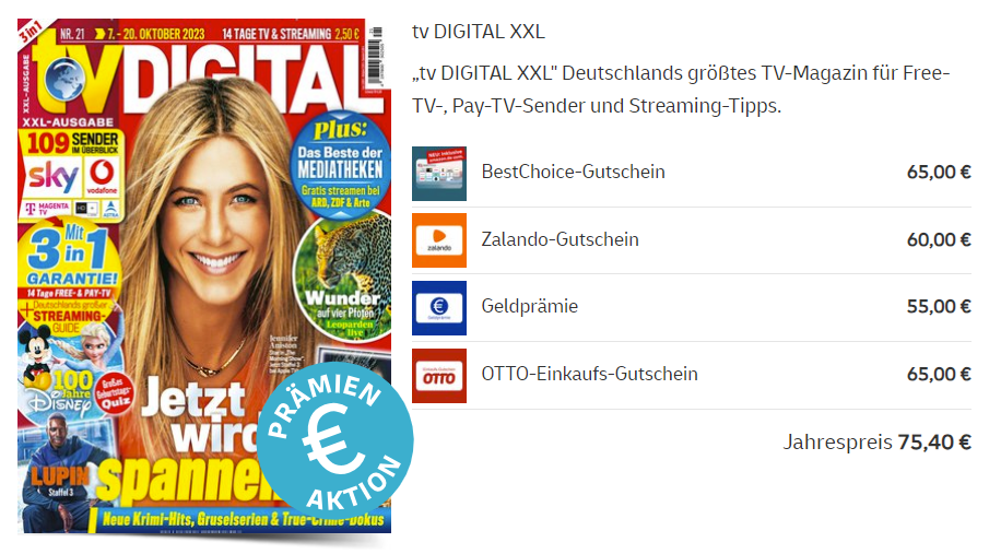 12 Monate TV-Digital XXL für 75,40€ - mit Wunschprämie bis zu 65€ z.B. Amazon- oder Otto-Gutschein
