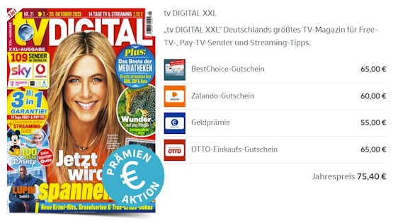 12 Monate TV-Digital XXL für 75,40€ - mit Wunschprämie bis zu 65€ z.B. Amazon- oder Otto-Gutschein