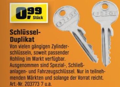 Schlüssel-Duplikat bei Obi für 0,99€ bis zum 17. Januar *UPDATE*