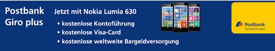 Kostenloses Postbank Giro Plus Konto bei Führung als Gehaltskonto - mit Nokia Lumia 630 als Prämie und dauerhaft beitragsfreier VISA Card